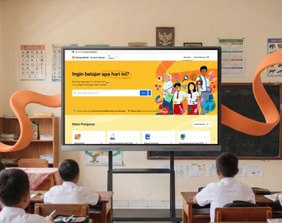 A classroom scene where students sit at desks facing a large digital screen displaying the ‘Ruang Murid’ learning homepage, featuring a search prompt asking what to learn today and illustrated subject categories.
