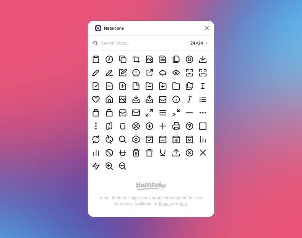 A pop-up panel titled ‘Nataicons’ showing a searchable grid of user interface icons with size set to 24 by 24, labeled as an open-source icon library by Natatoko.