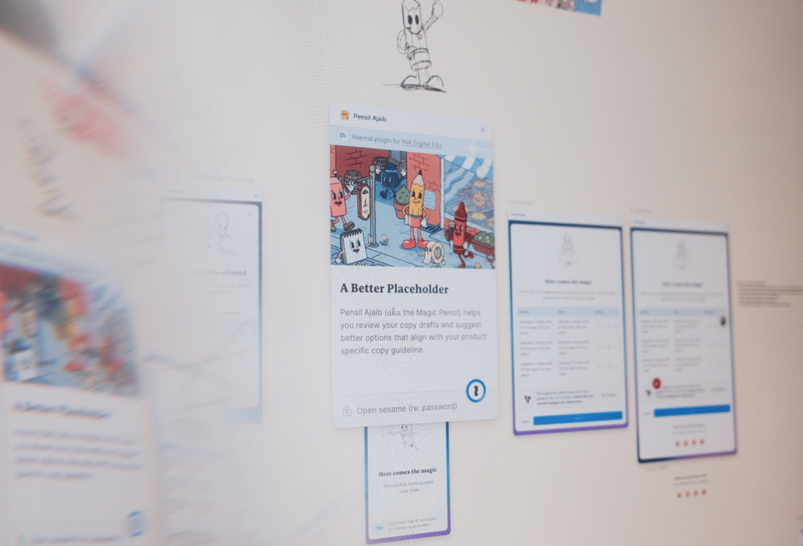 A digital design canvas displaying several user interface mockups, with one card in focus showing the ‘Pensil Ajaib’ plugin and descriptive text, while other screens appear blurred around it