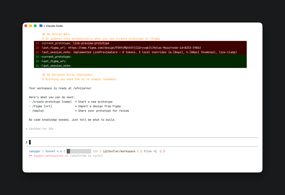 A computer screen displays a dark-themed code editor. It shows comments and commands related to prototyping, linking with Figma, and session notes. The layout conveys a professional, organized tone, with suggested actions and a focus on efficient workflow in software development.
