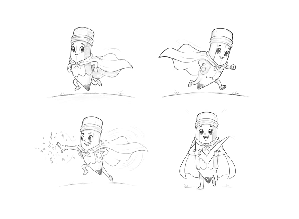 Black-and-white sketch illustrations of a pencil mascot in four action poses: running with a cape, sprinting forward, casting a magical effect, and standing confidently while holding a pencil.