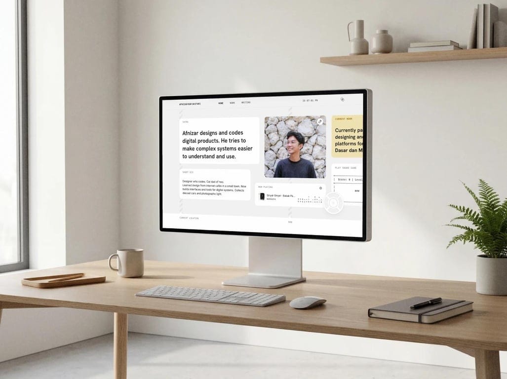 A desktop monitor on a minimalist desk displaying a personal portfolio website homepage introducing a designer and developer, with profile photo, short bio, and featured work sections.