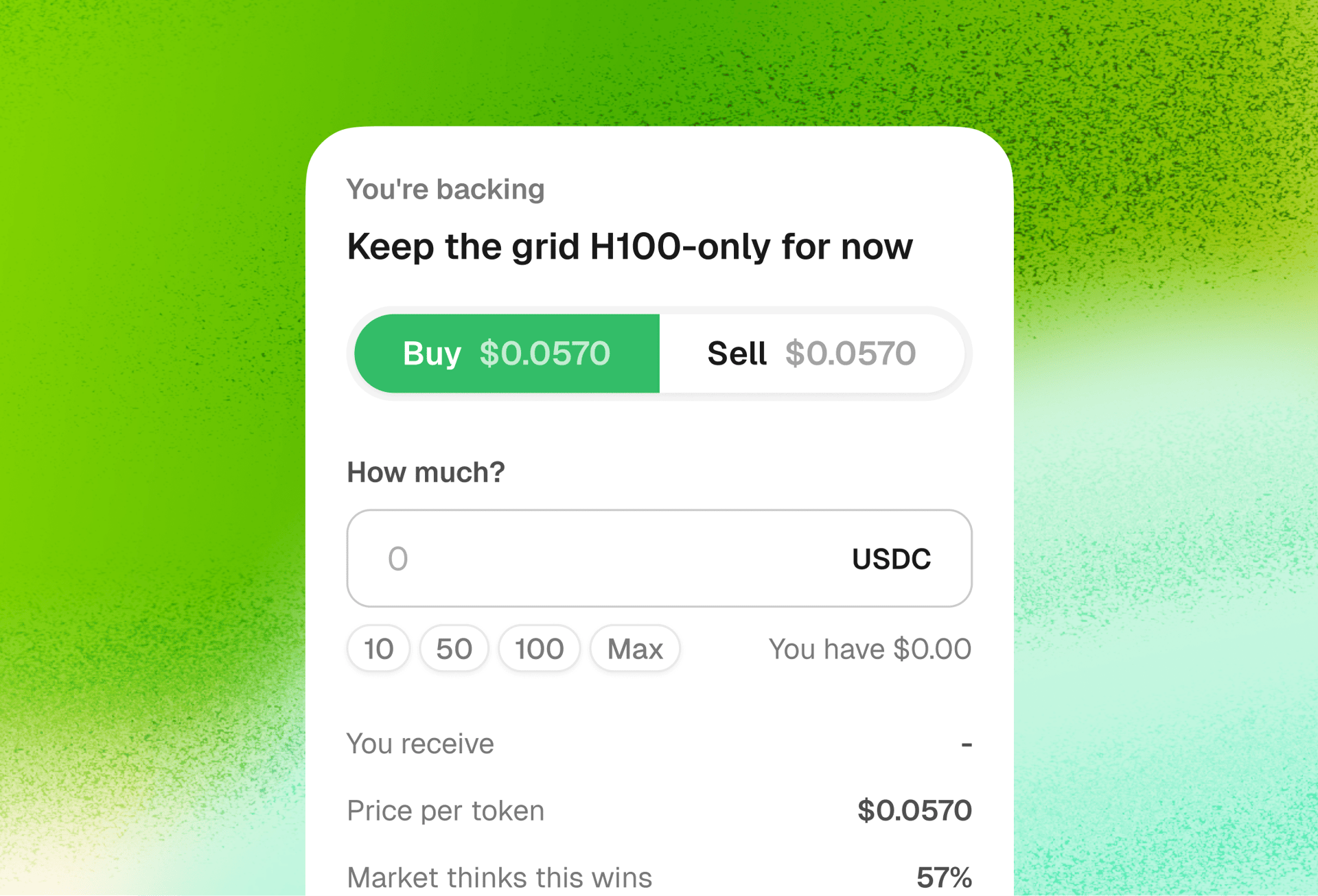 Buy and sell panel for a selected market outcome.