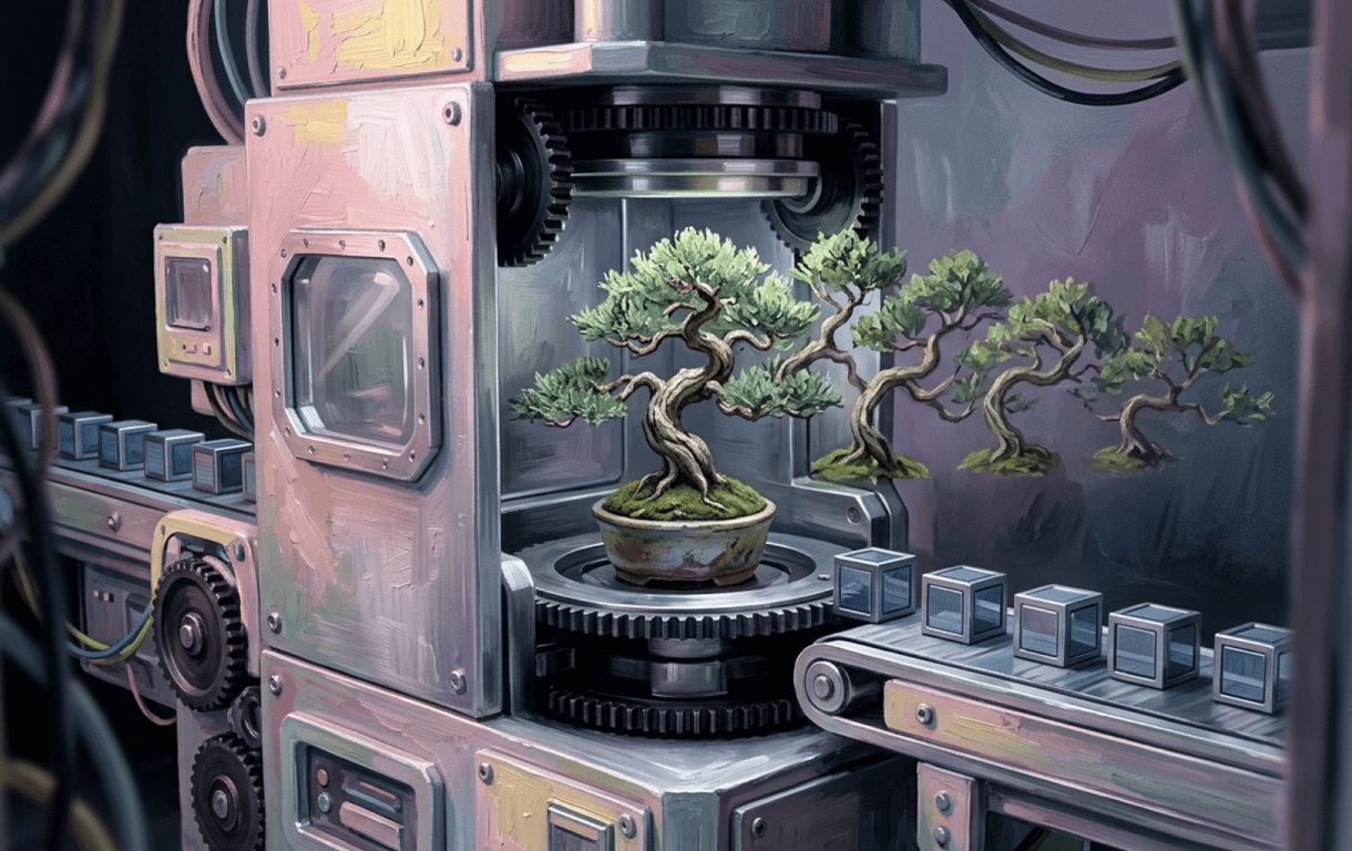 Illustrated scene of a bonsai tree in a small ceramic pot placed inside a large industrial machine with visible gears and metal panels. A conveyor belt carries identical cube-shaped containers beside it, suggesting a contrast between handcrafted nature and mechanical mass production.