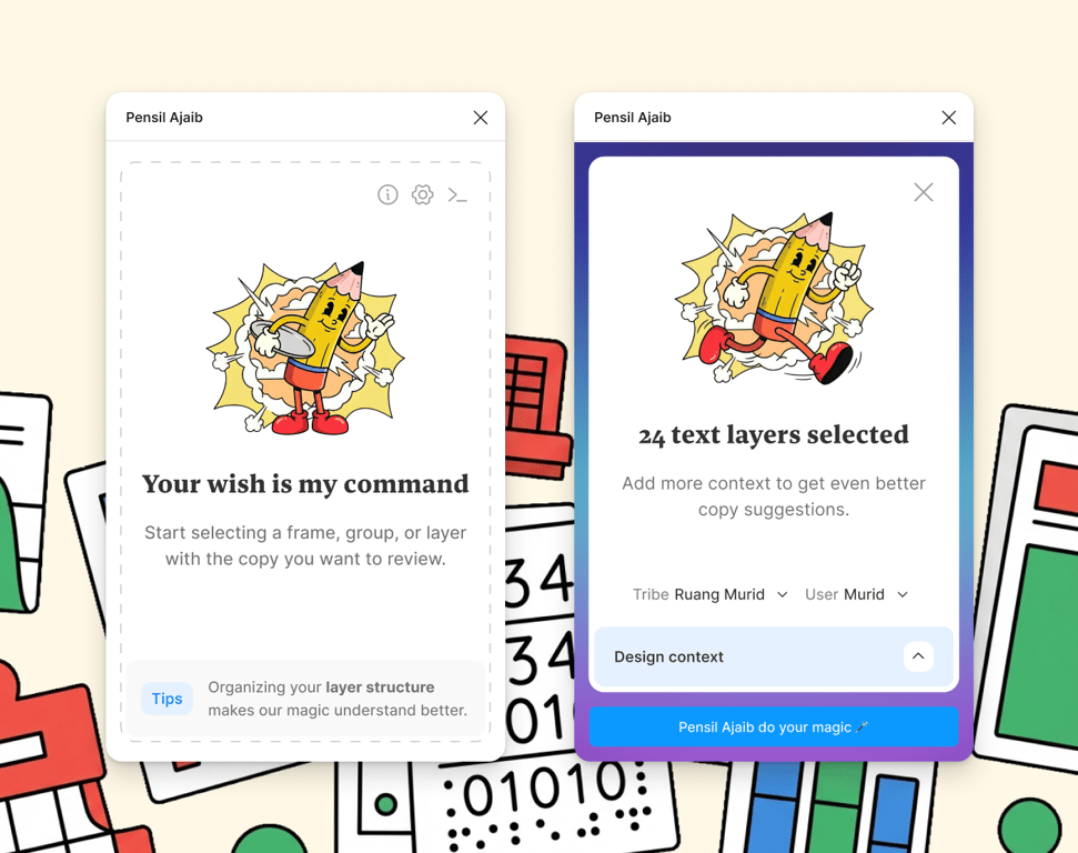 Two software pop-up panels titled ‘Pensil Ajaib’ showing a writing assistant feature: the left panel prompts users to select text or layers for review, and the right panel indicates that 24 text layers are selected and offers copy improvement suggestions.
