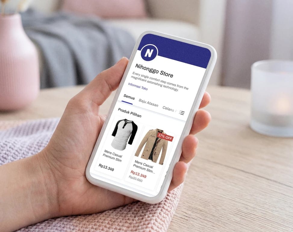 A person holding a smartphone displaying an online store page titled ‘Nihonggo Store,’ showing product categories and clothing items with prices and a discount label.