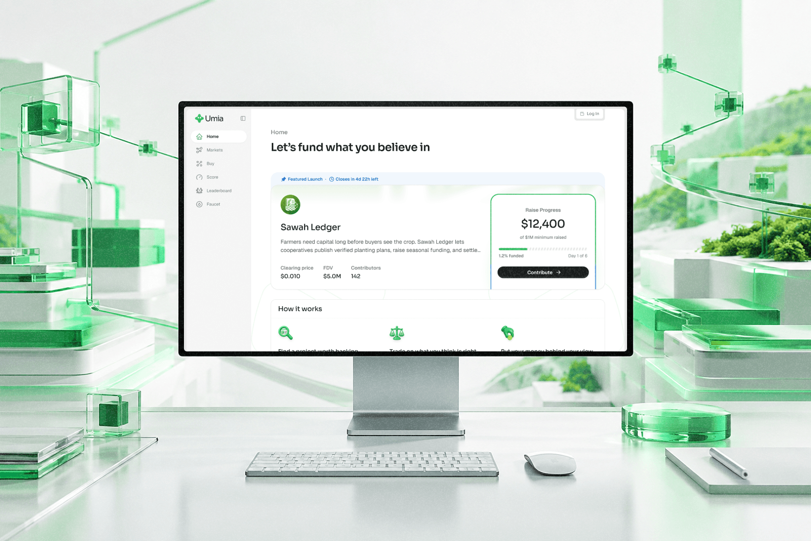 Umia desktop mockup displaying the funding platform in a green Web3-inspired environment.