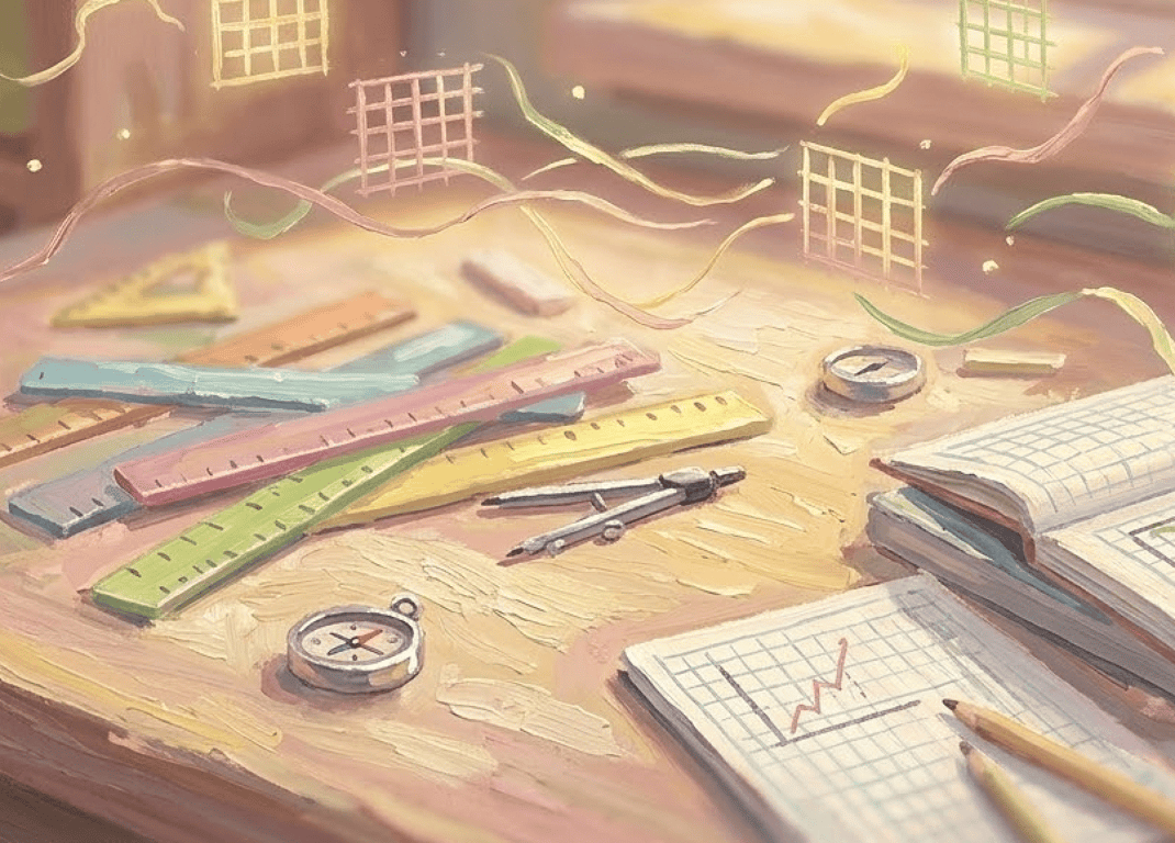 Illustrated desk with rulers, compass, notebooks, and measuring tools scattered across the surface, while glowing grid shapes float above—suggesting layout design or CSS grid concepts.