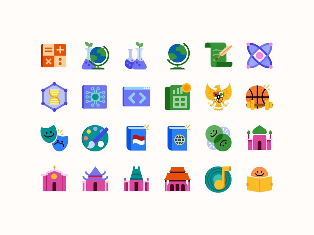 A collection of colorful educational icons representing school subjects and learning areas, including mathematics, science, technology, social studies, civics, sports, arts, language, religion, culture, music, and reading.