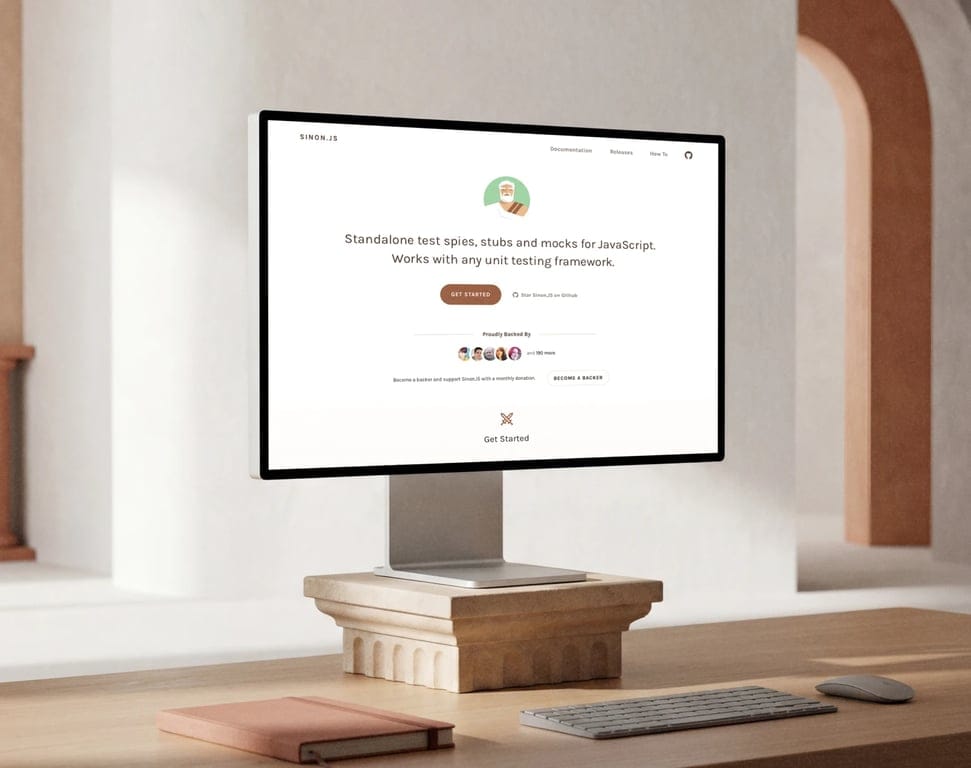 A desktop monitor displaying the Sinon.js homepage, describing a JavaScript testing library for creating spies, stubs, and mocks, with a prominent ‘Get Started’ button.