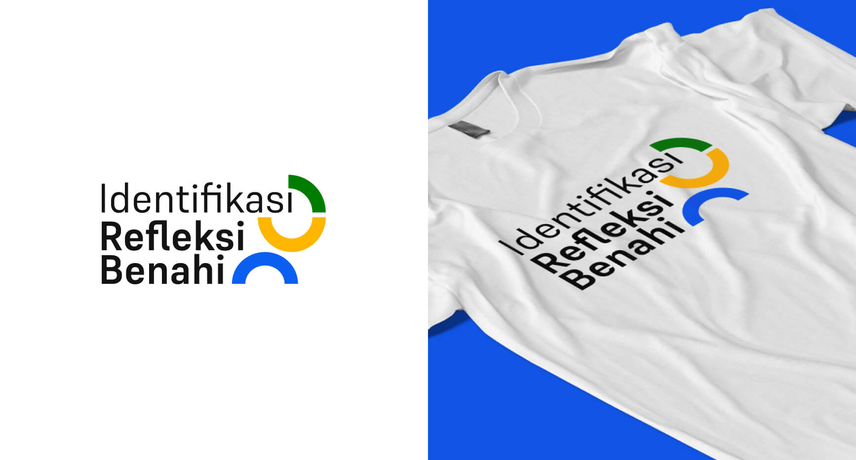 Text logo with "Identifikasi Refleksi Benahi" in black. Accents of green, yellow, and blue curves. Design printed on a white t-shirt. Simple and modern.