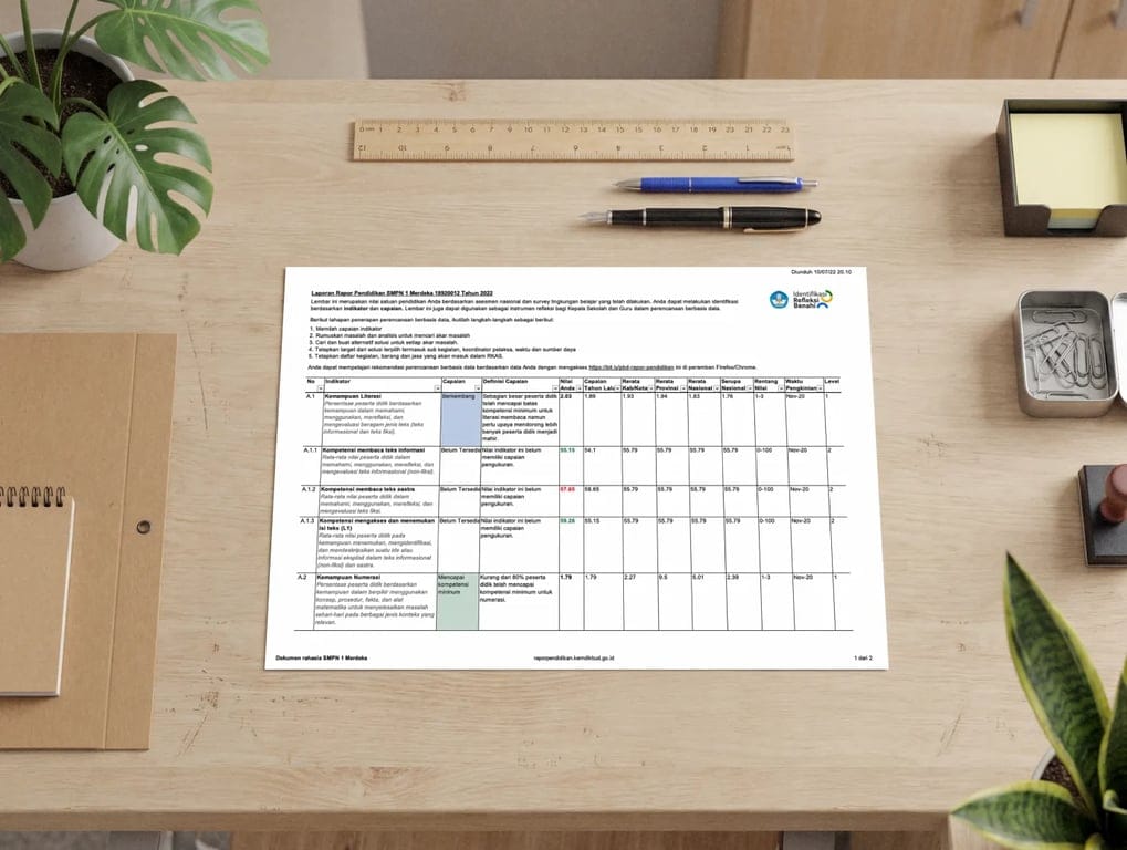 Printed education assessment document on a desk with stationery