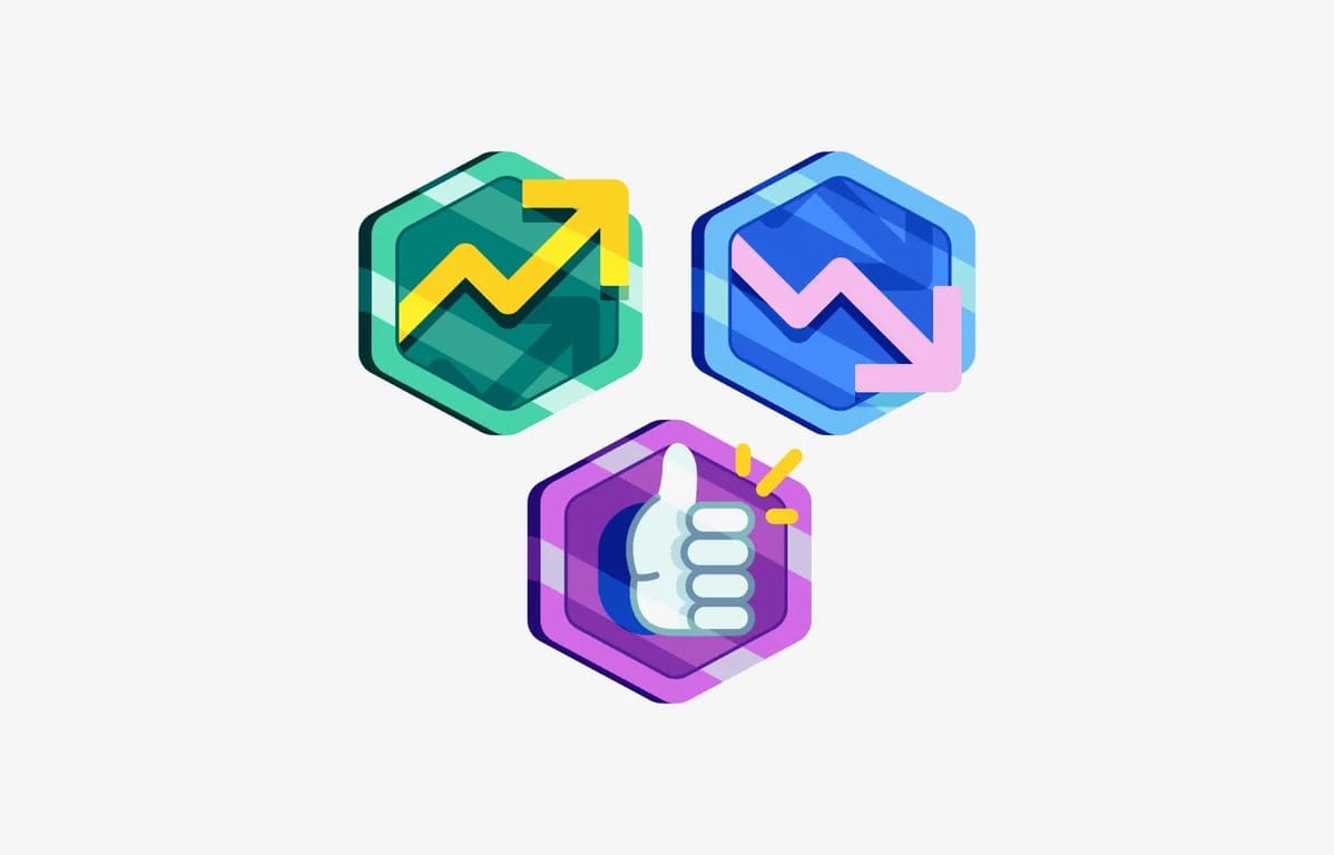 Three hexagonal icons showing upward and downward trends and a thumbs-up symbol