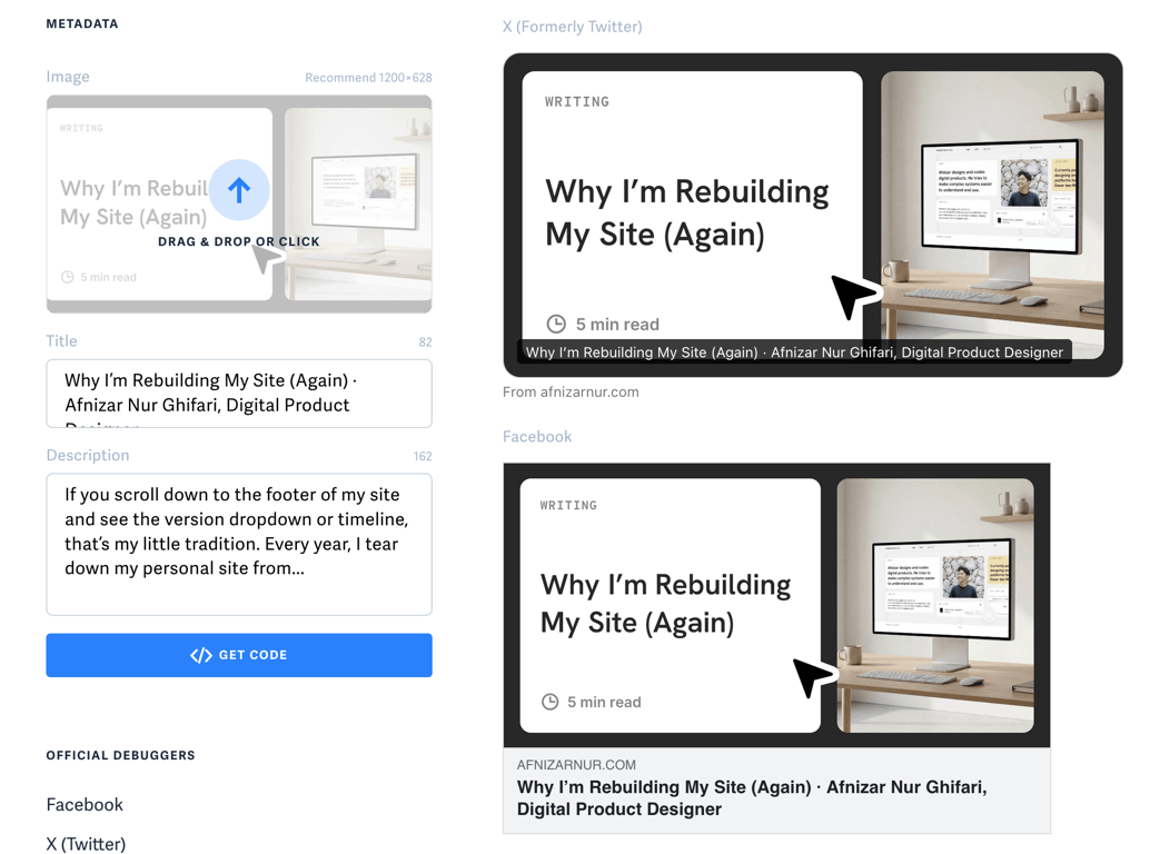 Metadata preview tool showing fields for image, title, and description alongside social media previews of an article card titled ‘Why I’m Rebuilding My Site (Again)’ with a 5-minute read label and a desktop website mockup image.