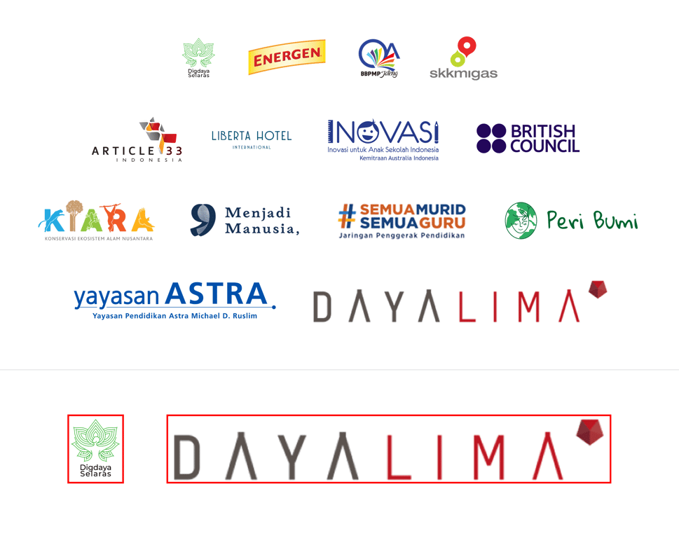 A grid of 15 logos including DEC, Energen, SKK Migas, INOVASI, British Council, Liberta Hotel, and Yayasan Astra, showcasing diverse organizations.