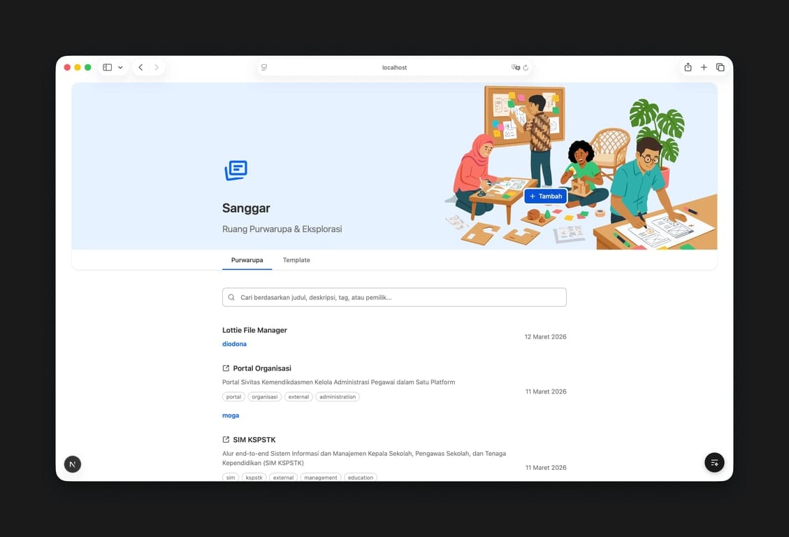 A webpage titled "Sanggar" features an illustration of a diverse group collaborating on creative projects with papers and a bulletin board. Simple interface.