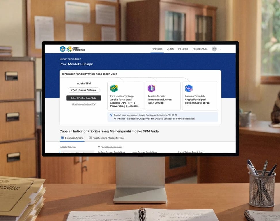 Desktop monitor displaying an education performance dashboard in an office