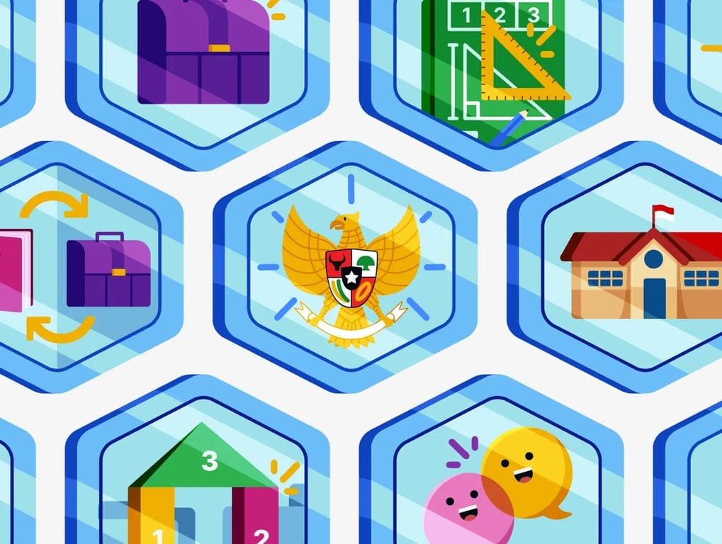 Illustrated icons representing education and civic themes in hexagonal shapes