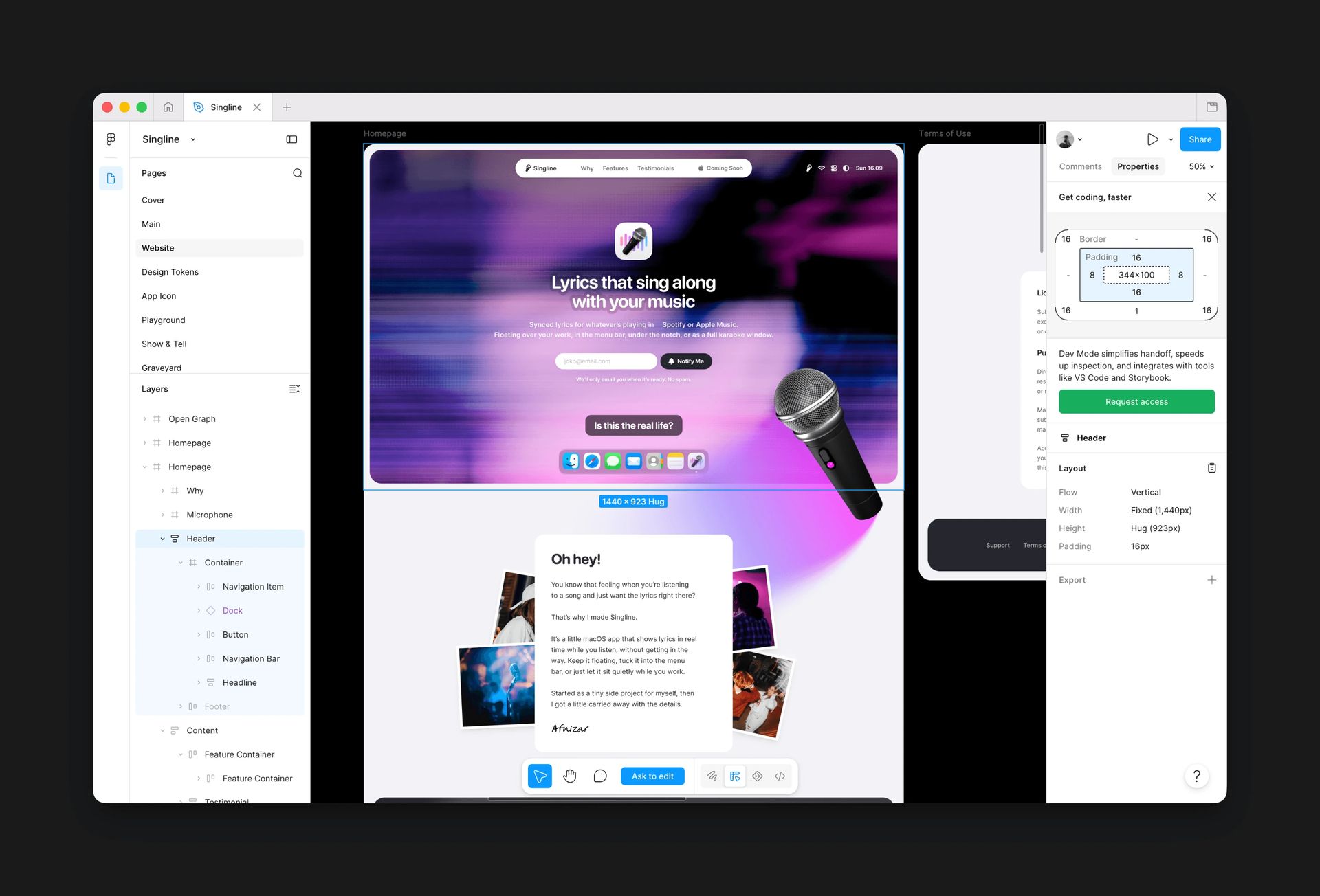 Figma workspace showing the Singline macOS app homepage design with a purple gradient hero and a 3D microphone illustration.