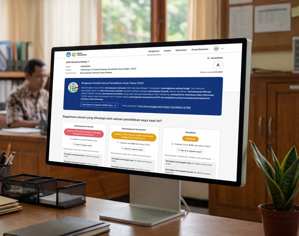 Desktop computer displaying an education dashboard on a desk in an office