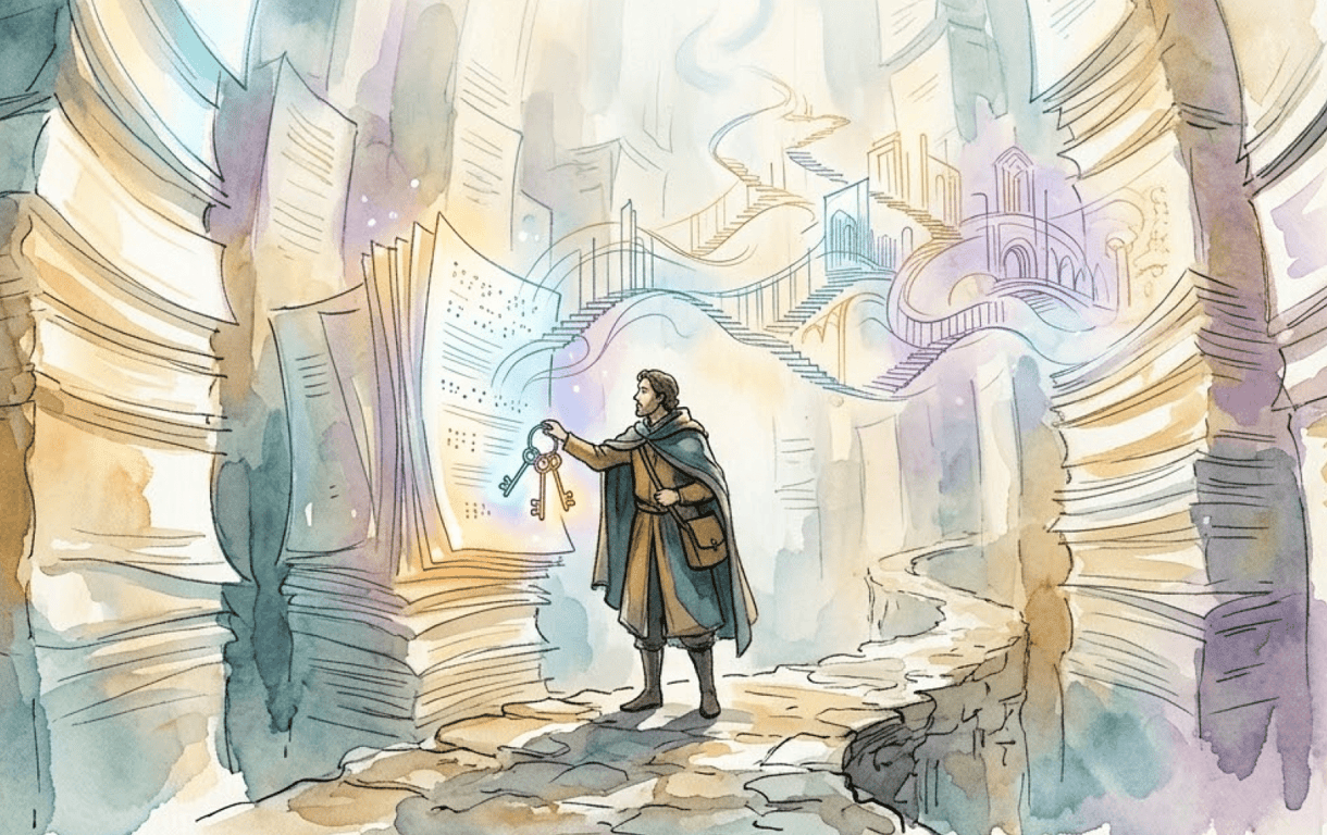 Illustration of a traveler holding several keys while exploring a vast library filled with towering books and winding staircases, symbolizing searching for the right tools or knowledge.