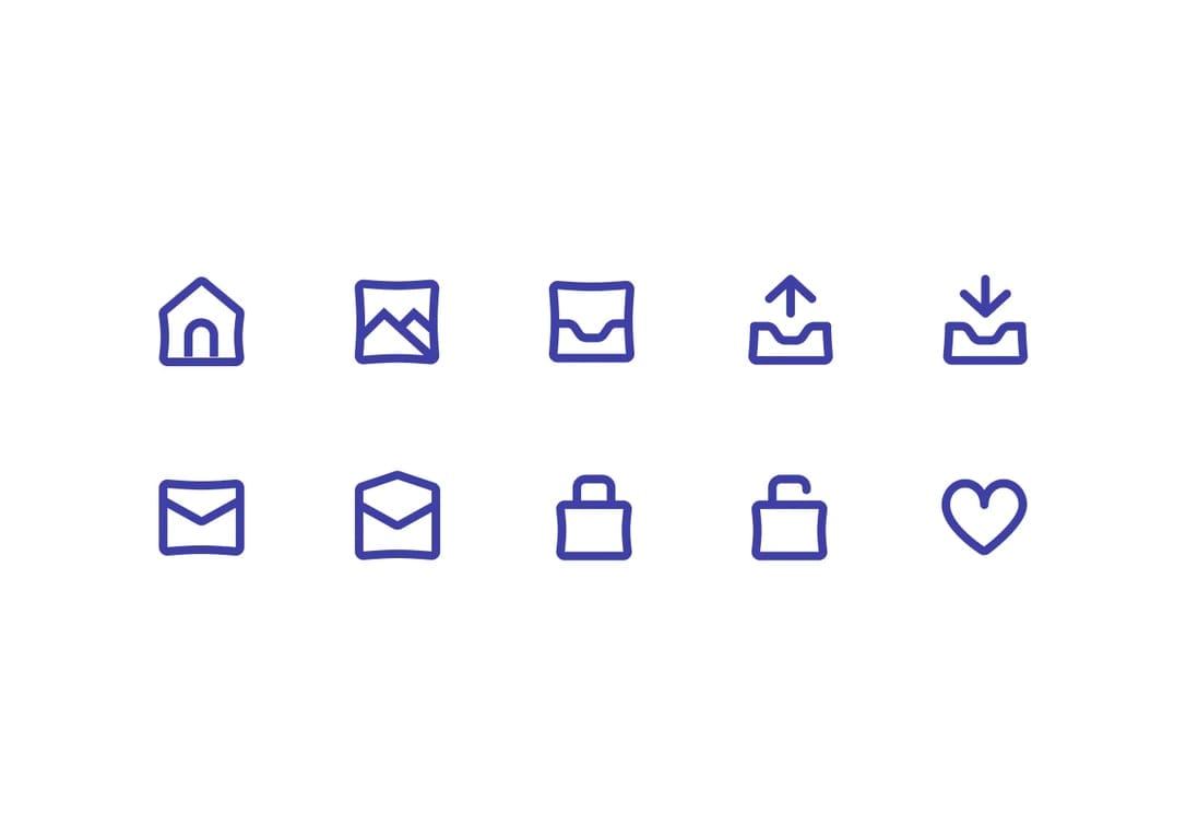 A set of simple line icons representing common interface actions, including home, image, inbox, upload, download, message, lock, unlock, and favorite.