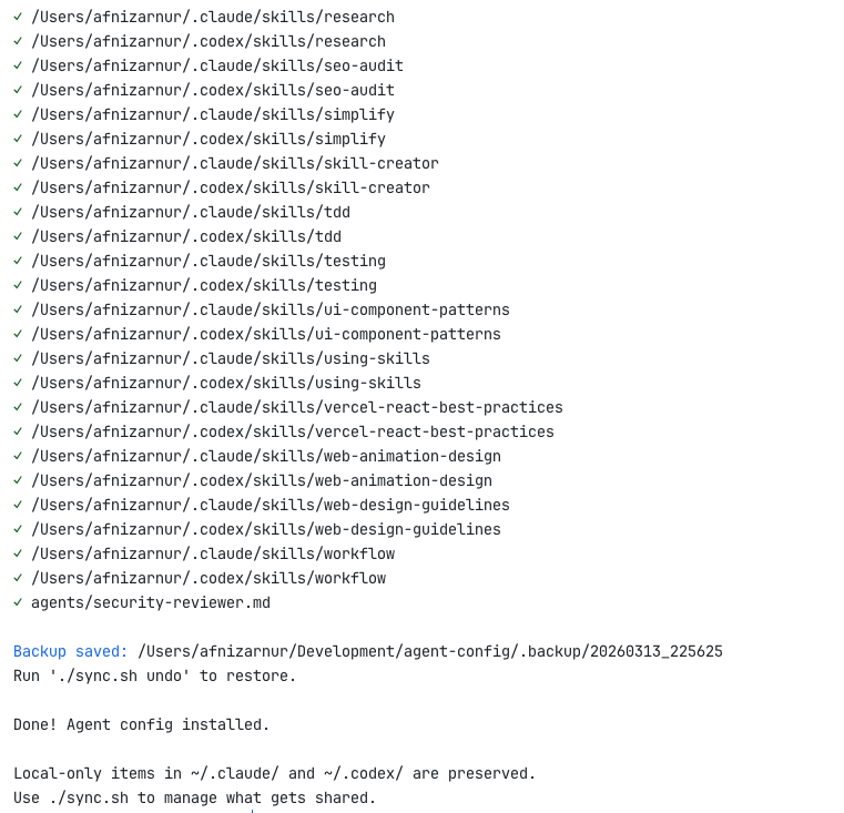Terminal output listing multiple installed AI agent skills and configuration files in directories such as .claude/skills and .codex/skills, ending with a message confirming that the agent configuration installation is complete and a backup has been saved.