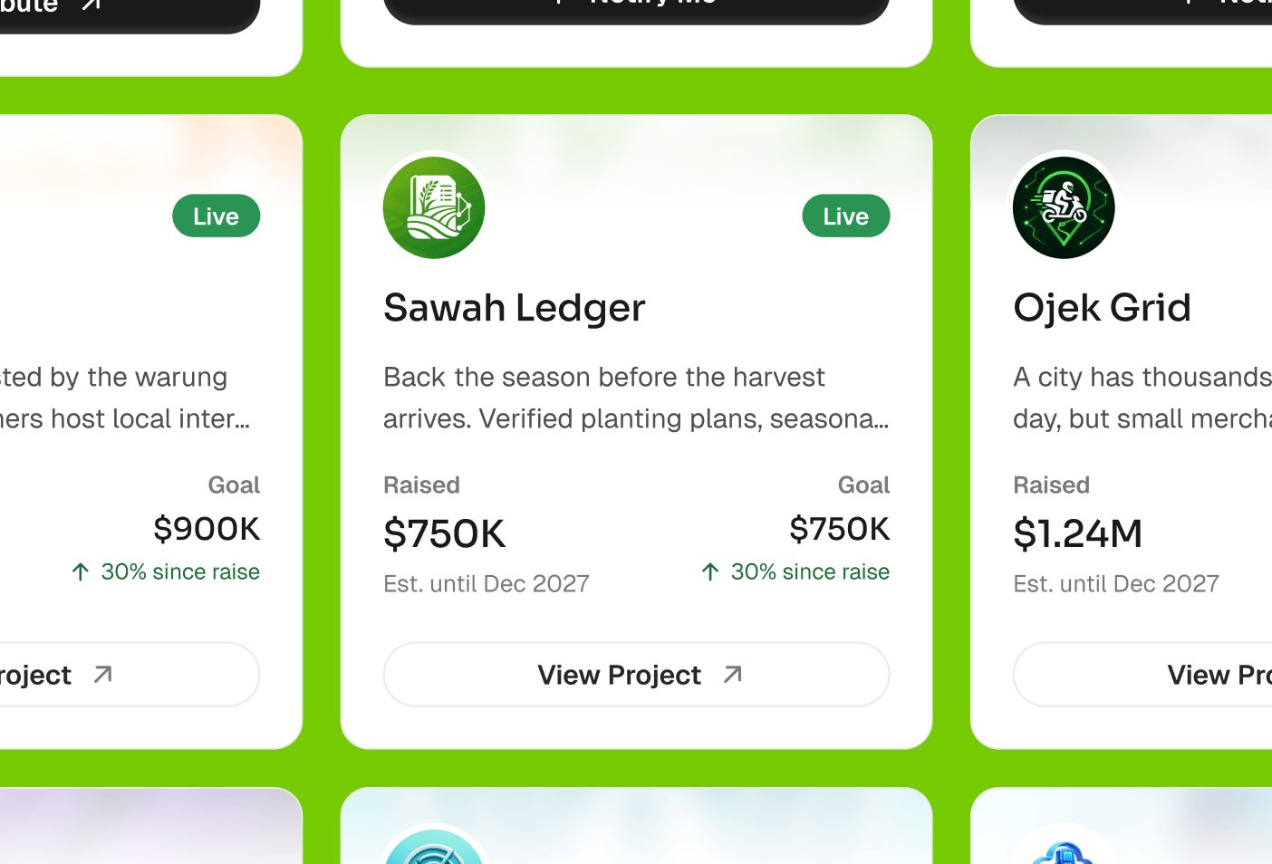 Project cards showcasing live fundraising opportunities.