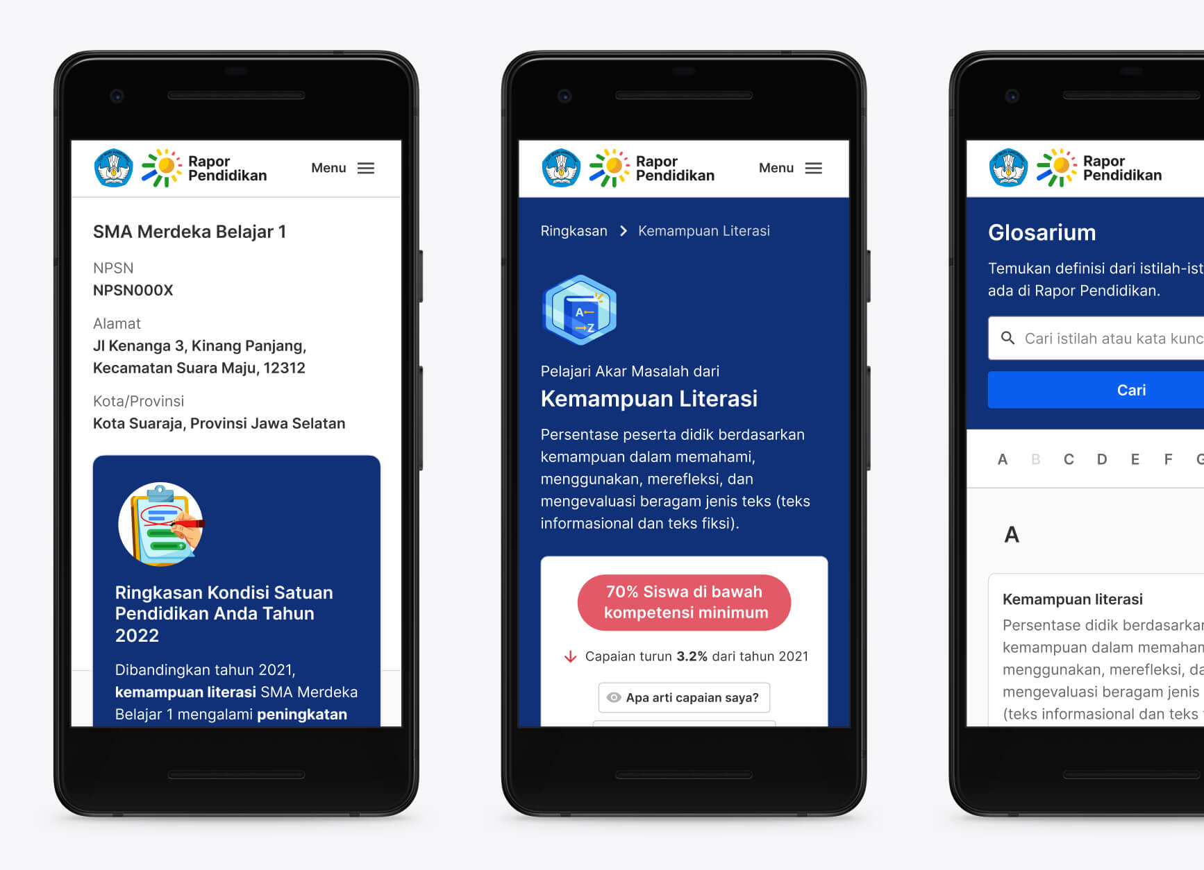 Three smartphone screens display an educational app in Indonesian. The screens show school reports, literacy data, and a glossary, conveying a formal tone.