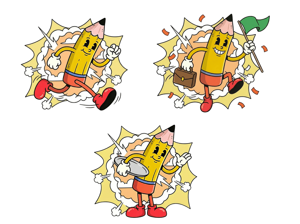 Three illustrations of a pencil mascot in energetic action poses: jumping forward with a raised finger, running while holding a briefcase and flag, and standing confidently while holding a magnifying glass.