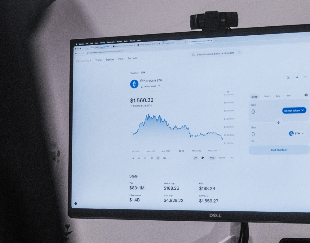Desktop showing Uniswap Ethereum chart at $1,560 down 38%, with price falling from $4,800 high in late 2025 to 2026 low.