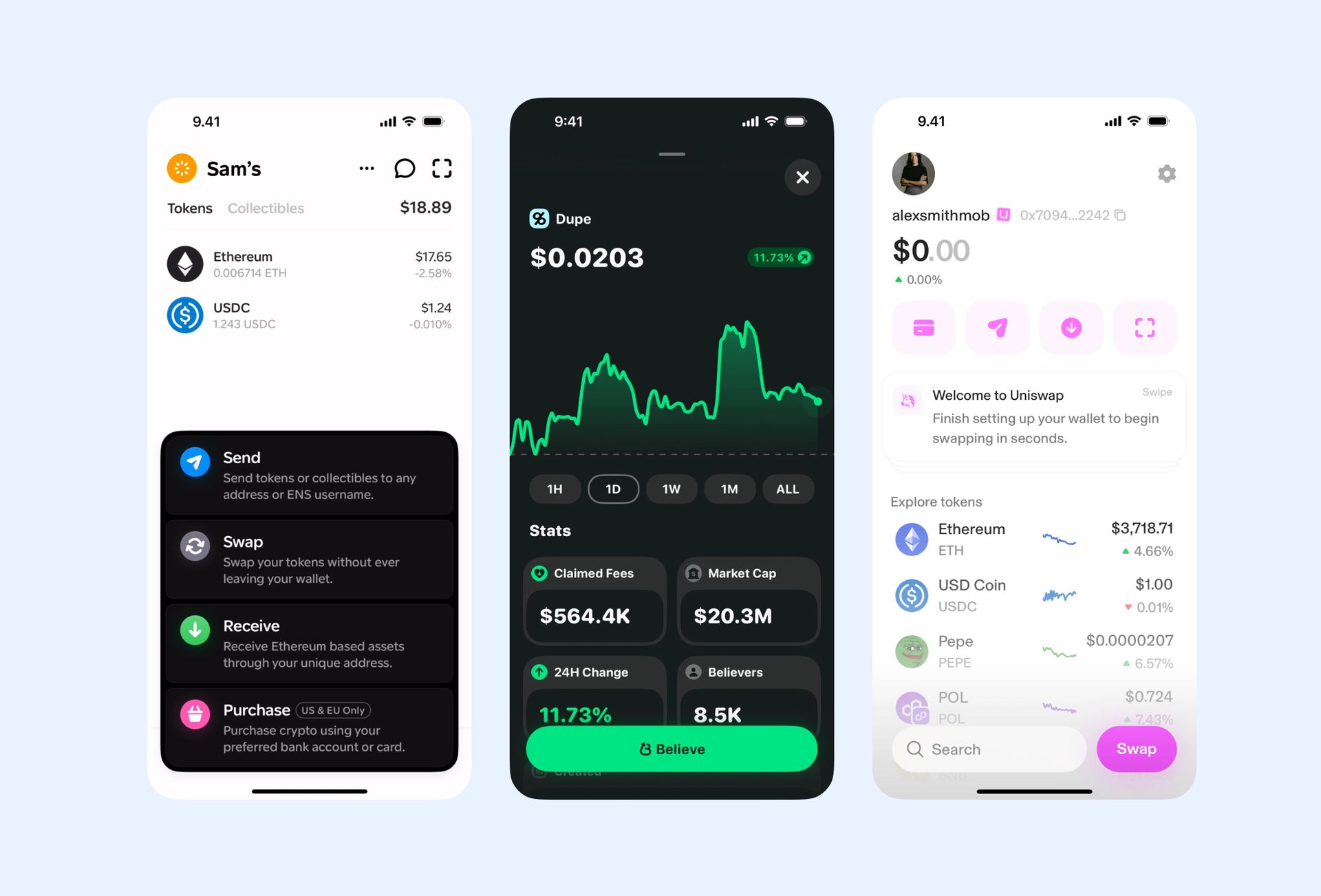 Three smartphone screens showing crypto wallet apps: token balances, a Dupe token price chart, and a Uniswap wallet home with $0 balance.