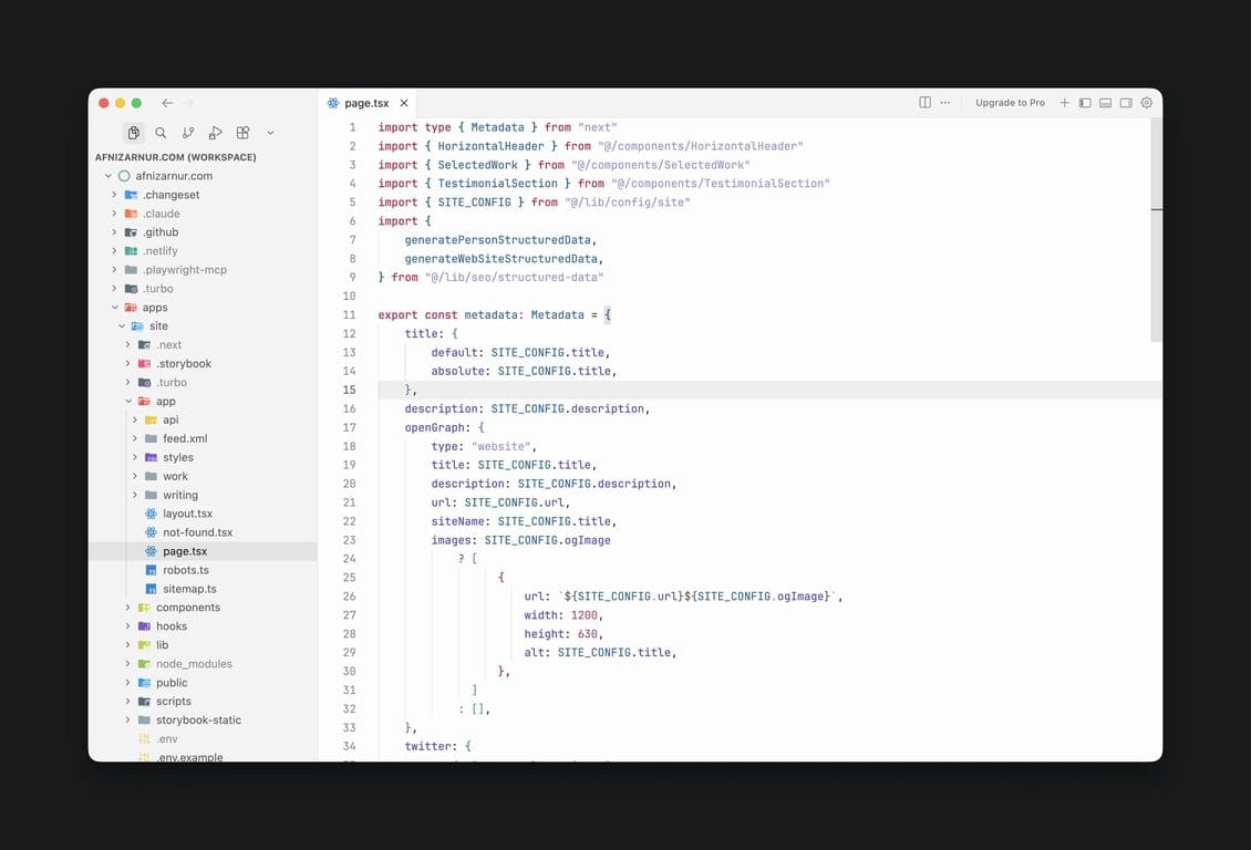 Code editor window displaying a TypeScript file (page.tsx) for a Next.js application, showing metadata configuration including title, description, Open Graph settings, and structured data imports.