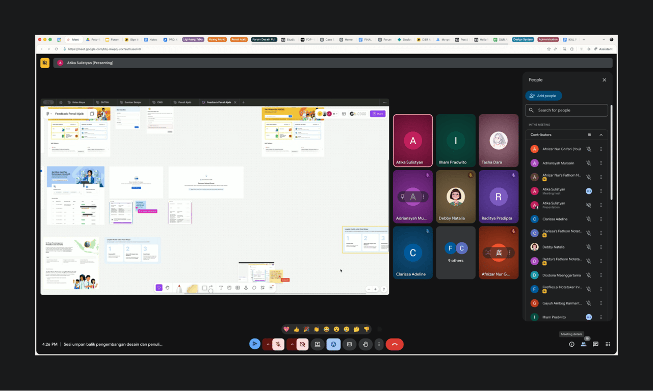 Screenshot of an online meeting interface showing a shared whiteboard or design canvas with multiple slides and UI mockups, participant tiles listed on the right, and meeting controls along the bottom.