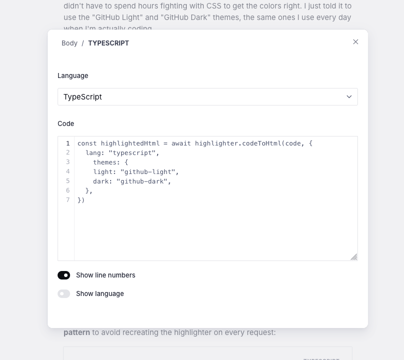 Modal window titled ‘Body / TypeScript’ showing a code editor with a TypeScript example for generating highlighted HTML using light and dark themes, along with toggle options for showing line numbers and language.