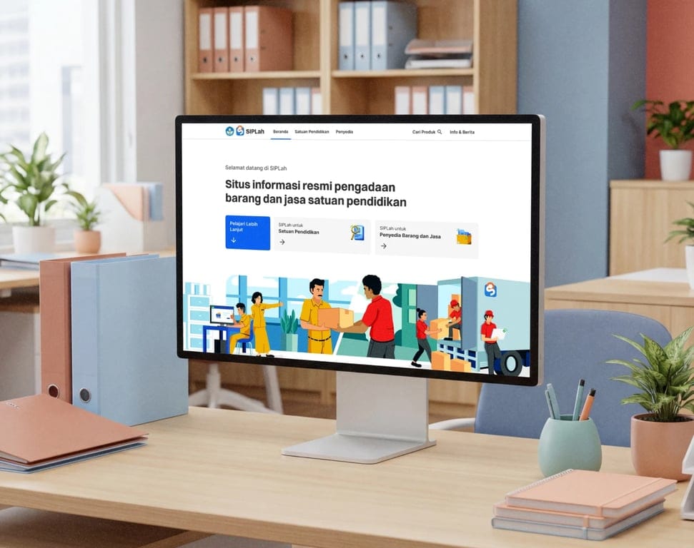 A desktop monitor on an office desk displaying the SIPLah homepage, an official information site for procurement of goods and services for educational institutions, with options for schools and vendors.
