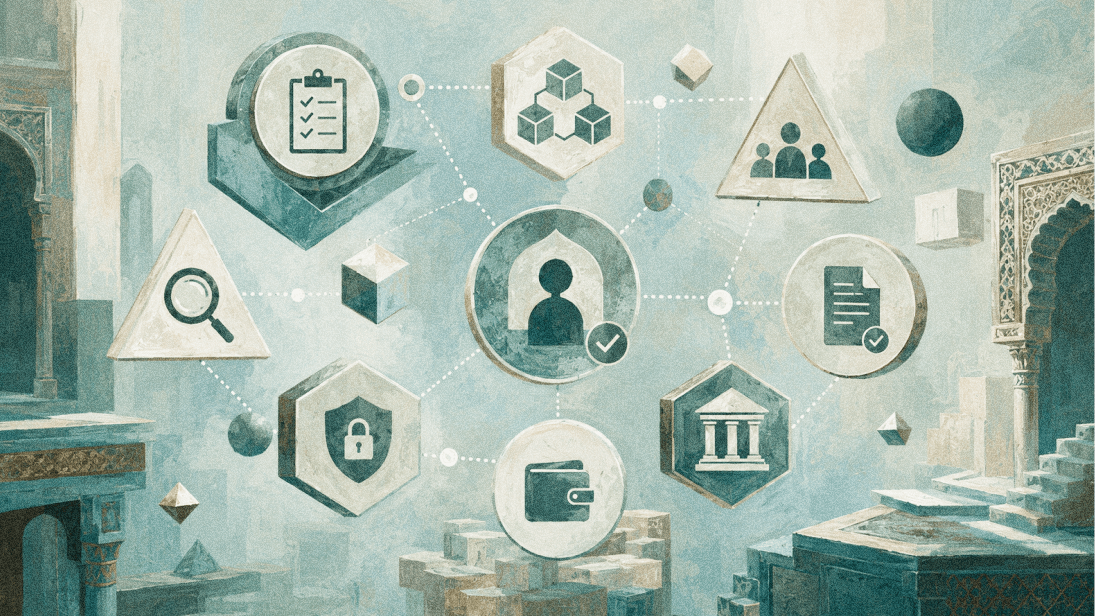 Watercolor infographic showing Web3 beginner checklist icons like wallet, security, community, and verification connected around a central user profile