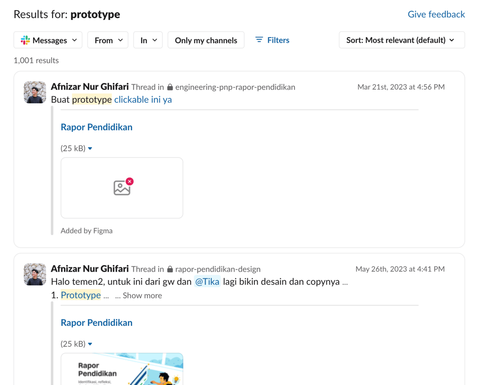 Search results for "prototype" on Slack showing two messages by Afnizar Nur Ghifari. Each message includes a link titled "Rapor Pendidikan," with file size details.