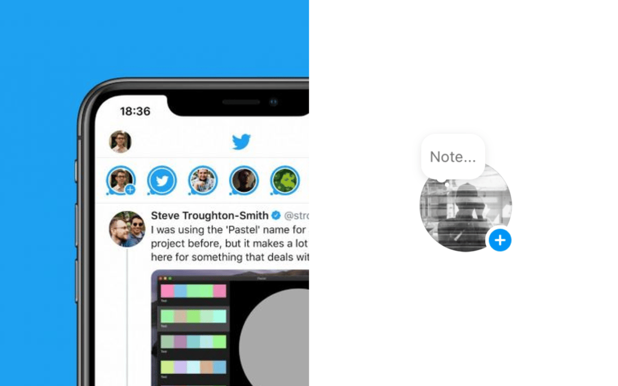 Comparison of social media story-style features: a Twitter interface showing circular Fleets icons at the top of the feed on the left, and an Instagram profile picture with a ‘Note’ bubble above it on the right.