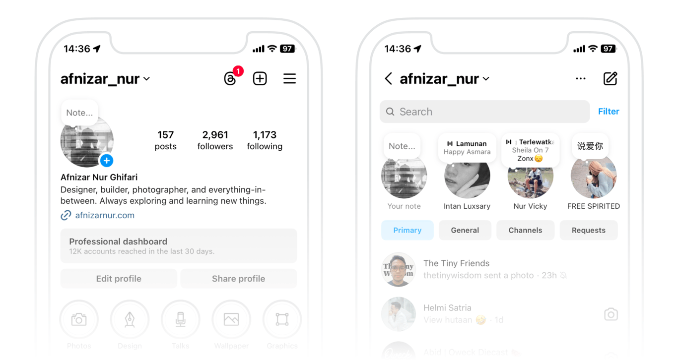 Side-by-side mobile screenshots of Instagram: the left shows the afnizar_nur profile page with follower stats and bio, while the right shows the direct messages inbox with Notes displayed above recent conversations.