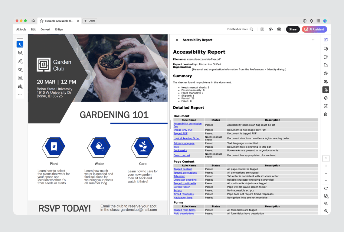 Tampilan halaman Adobe Acrobat dengan hasil evaluasi aksesibilitas