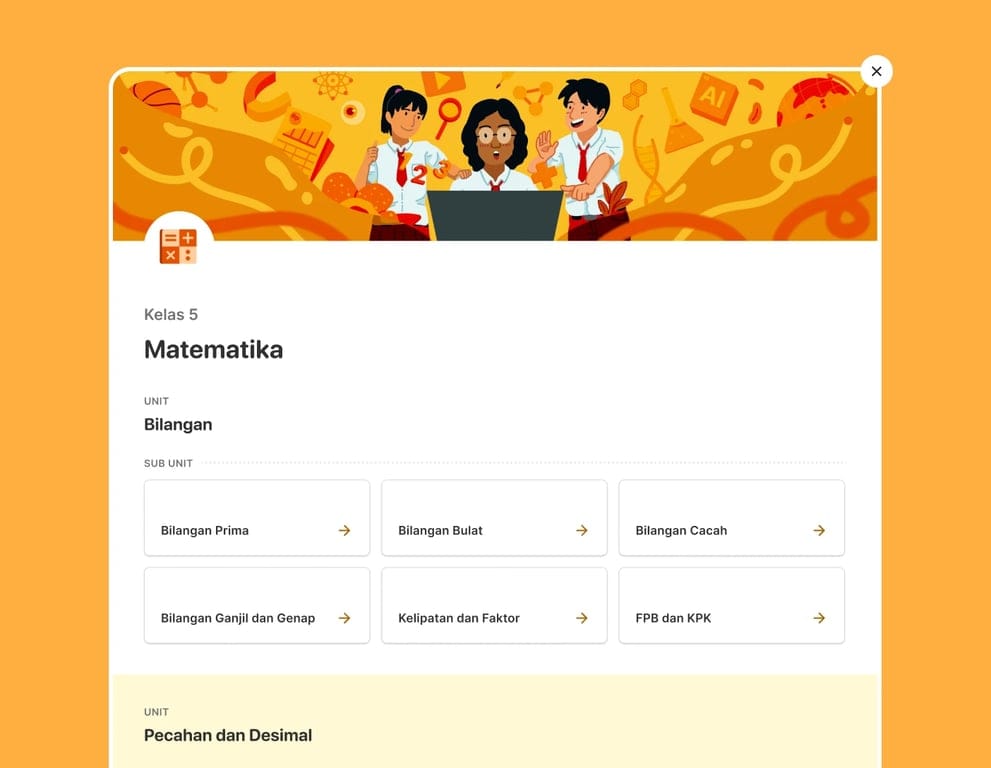 A learning platform page for Grade 5 Mathematics showing the ‘Bilangan’ unit, with selectable subtopics such as prime numbers, whole numbers, odd and even numbers, multiples and factors, and GCD and LCM.