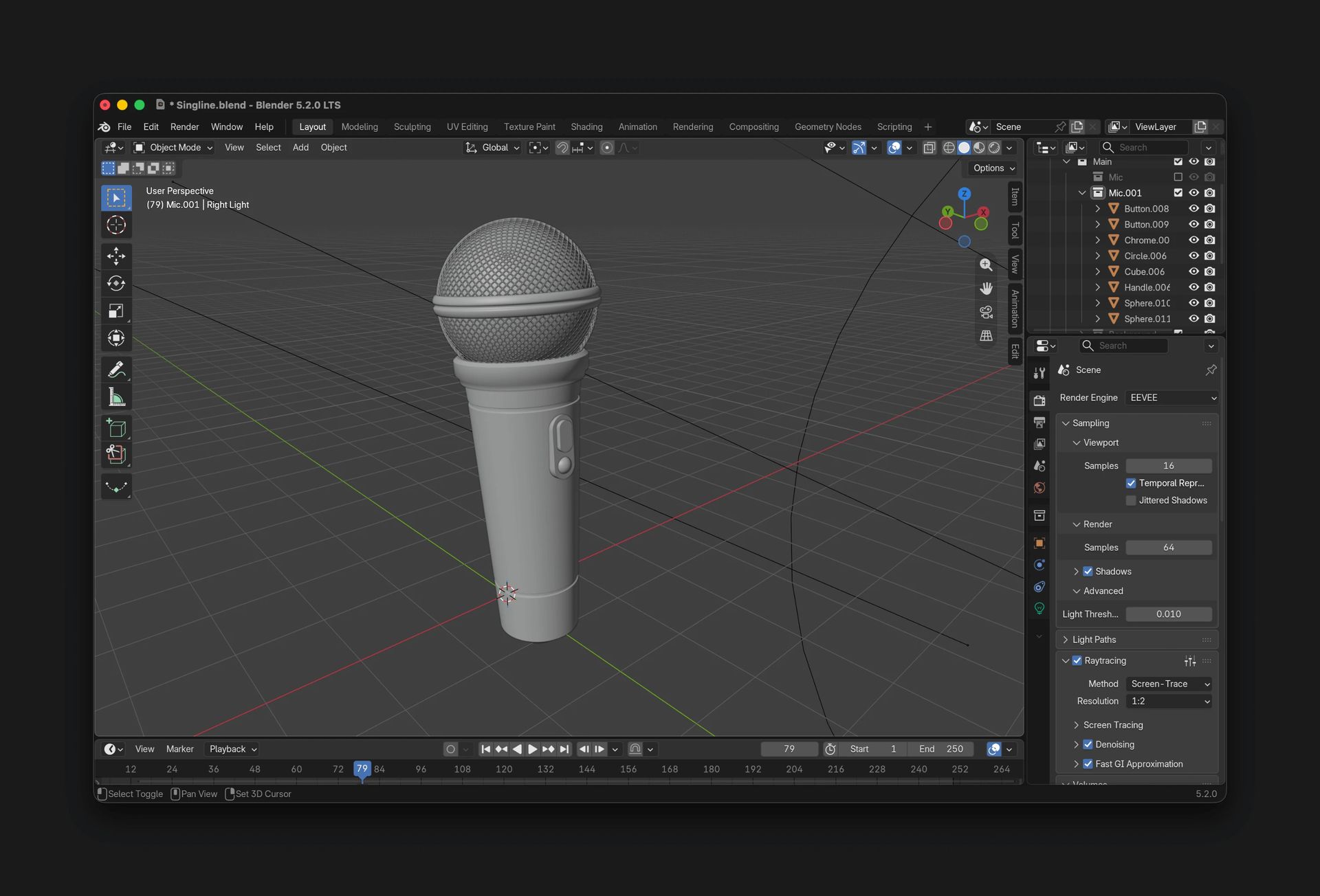 Blender 5.2.0 LTS viewport showing a gray 3D microphone model in User Perspective, centered on the grid with the outliner and render settings visible.