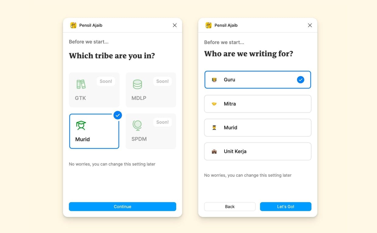 Two onboarding screens for the ‘Pensil Ajaib’ tool: the first asks users to select their tribe, with ‘Murid’ selected, and the second asks who the writing is for, with ‘Guru’ selected and other role options listed.