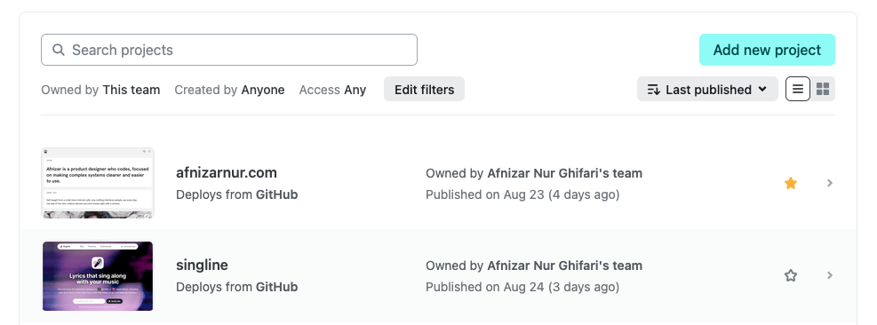 Netlify projects list with afnizarnuNetlify projects list with afnizarnur.com and singline, both deploying from GitHub.r.com and singline, both deploying from GitHub.