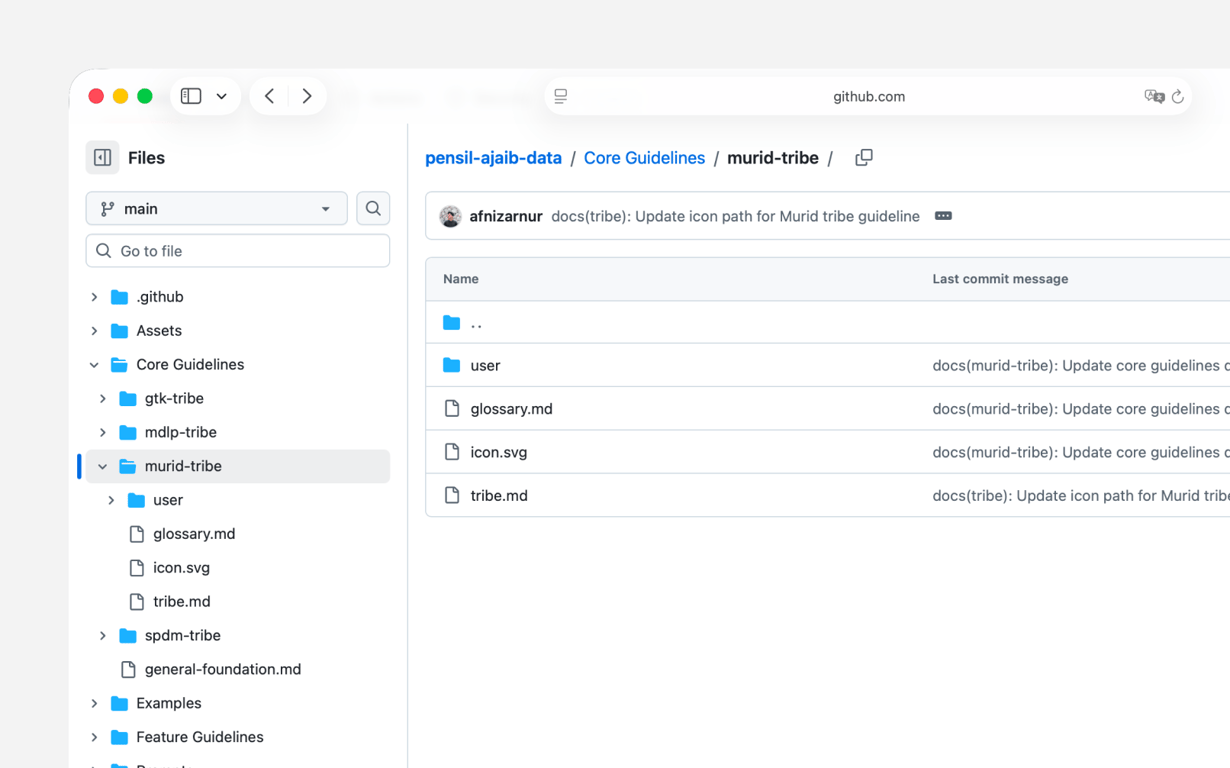 Screenshot of a GitHub repository file browser showing the ‘pensil-ajaib-data’ project, with the ‘murid-tribe’ folder open and files such as glossary.md, icon.svg, and tribe.md listed.