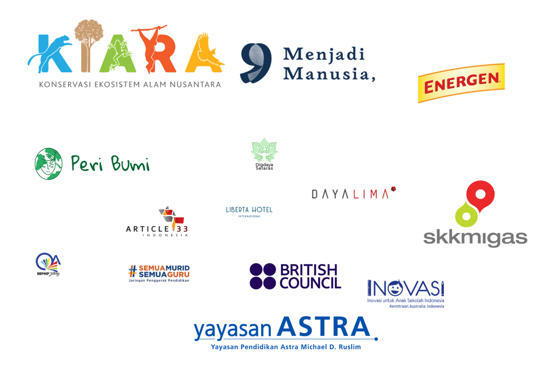 A collage of various logos including KIARA, Energen, British Council, skkmigas, and Yayasan Astra, showcasing diverse organizations and businesses.