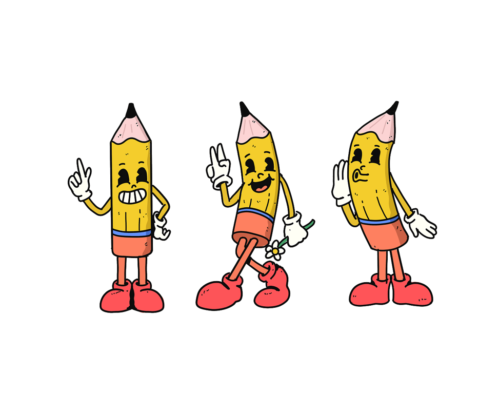 A hand-drawn illustration of a yellow cartoon pencil mascot shown in three different poses, with expressive faces and red shoes on a white background
